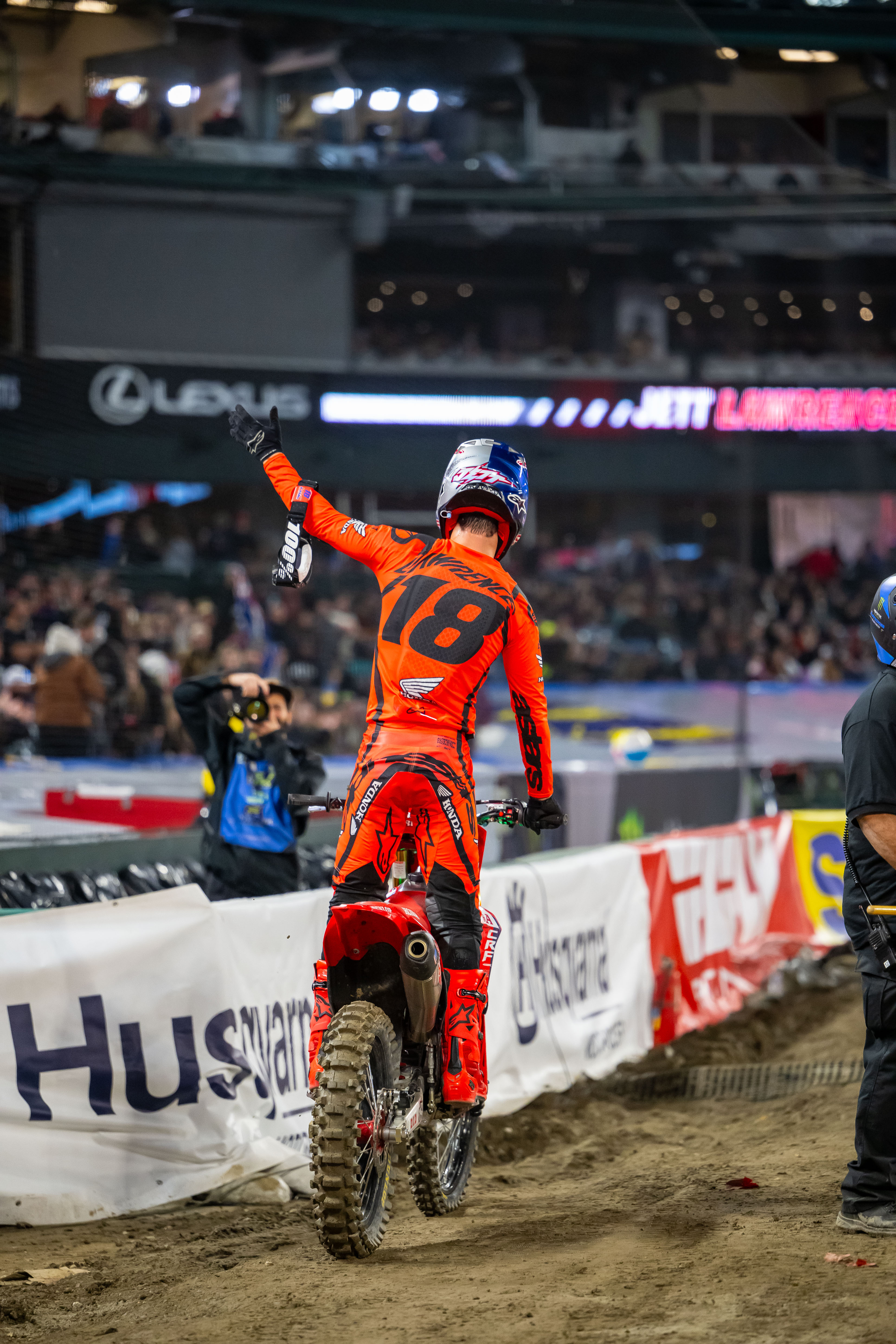 Jett Lawrence acknowledges the cheers from the adoring crowd after winning Sunday's final in Anaheim. Photo courtesy Align Media.