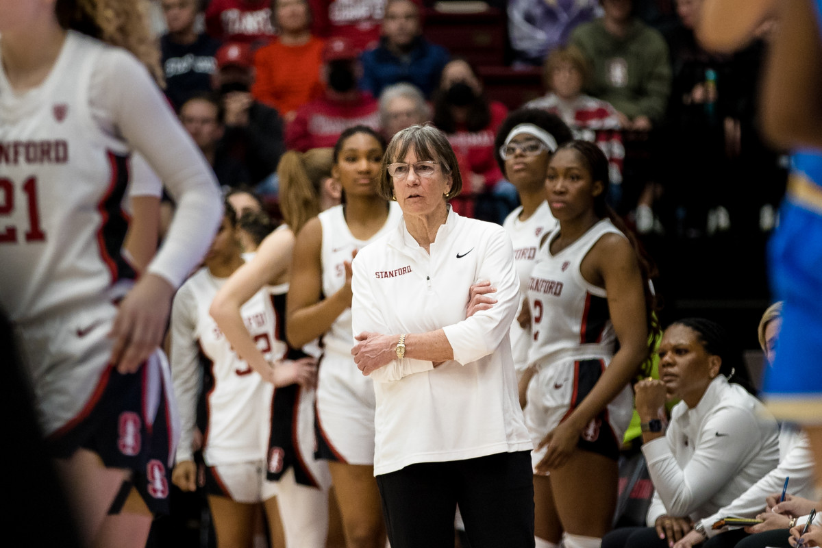 Feb 20, 2023; Stanford, California, USA; Stanford Cardinal head coach Tara VanDerveer watches during the second half of the game against the UCLA Bruins at Maples Pavilion. Mandatory Credit: John Hefti-USA TODAY Sports