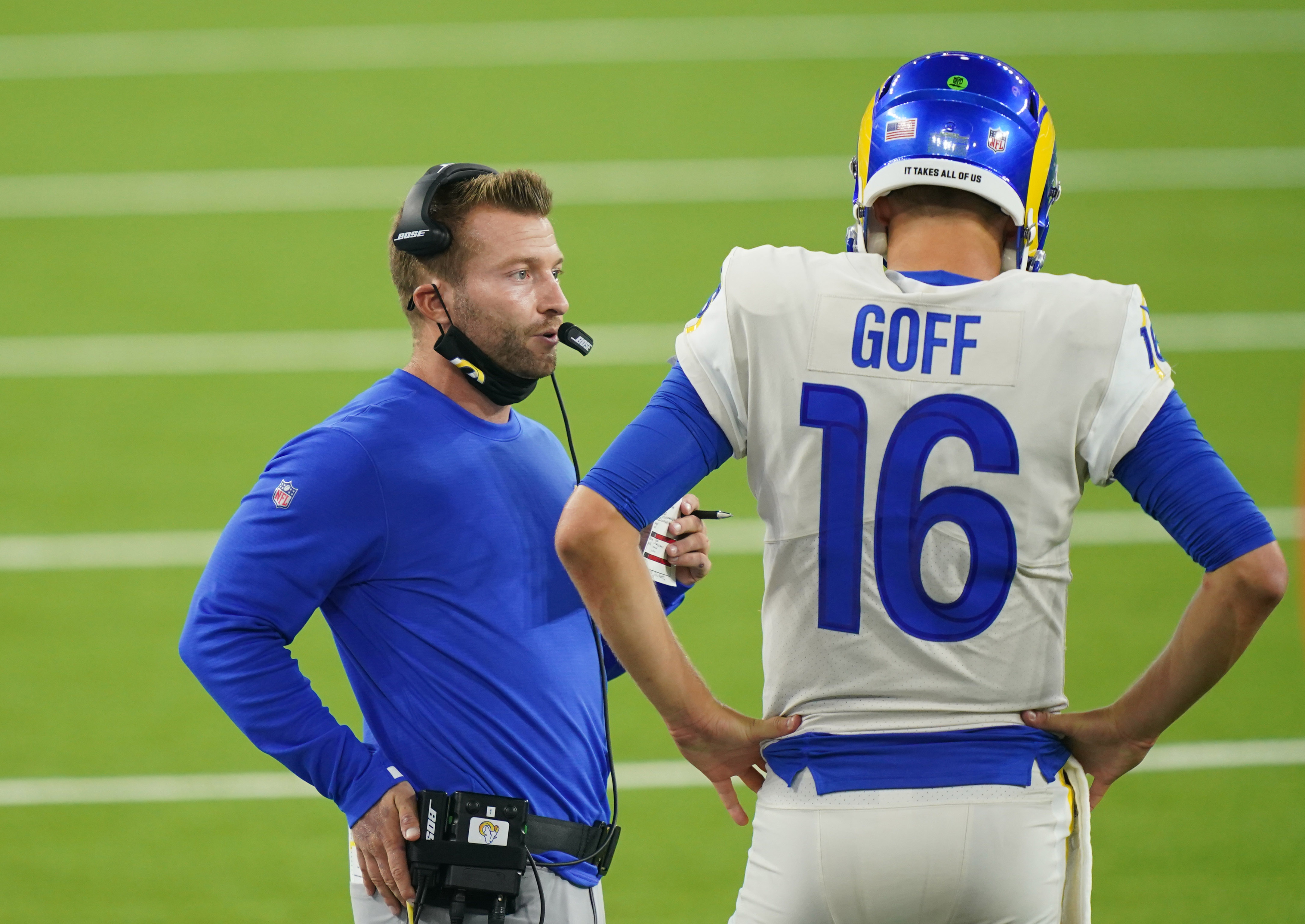 Sep 13, 2020; Inglewood, California, USA; Los Angeles Rams coach Sean McVay talks with quarterback Jared Goff (16) in the second half against the Dallas Cowboys at SoFi Stadium. The Rams defeated the Cowboys 20-17.