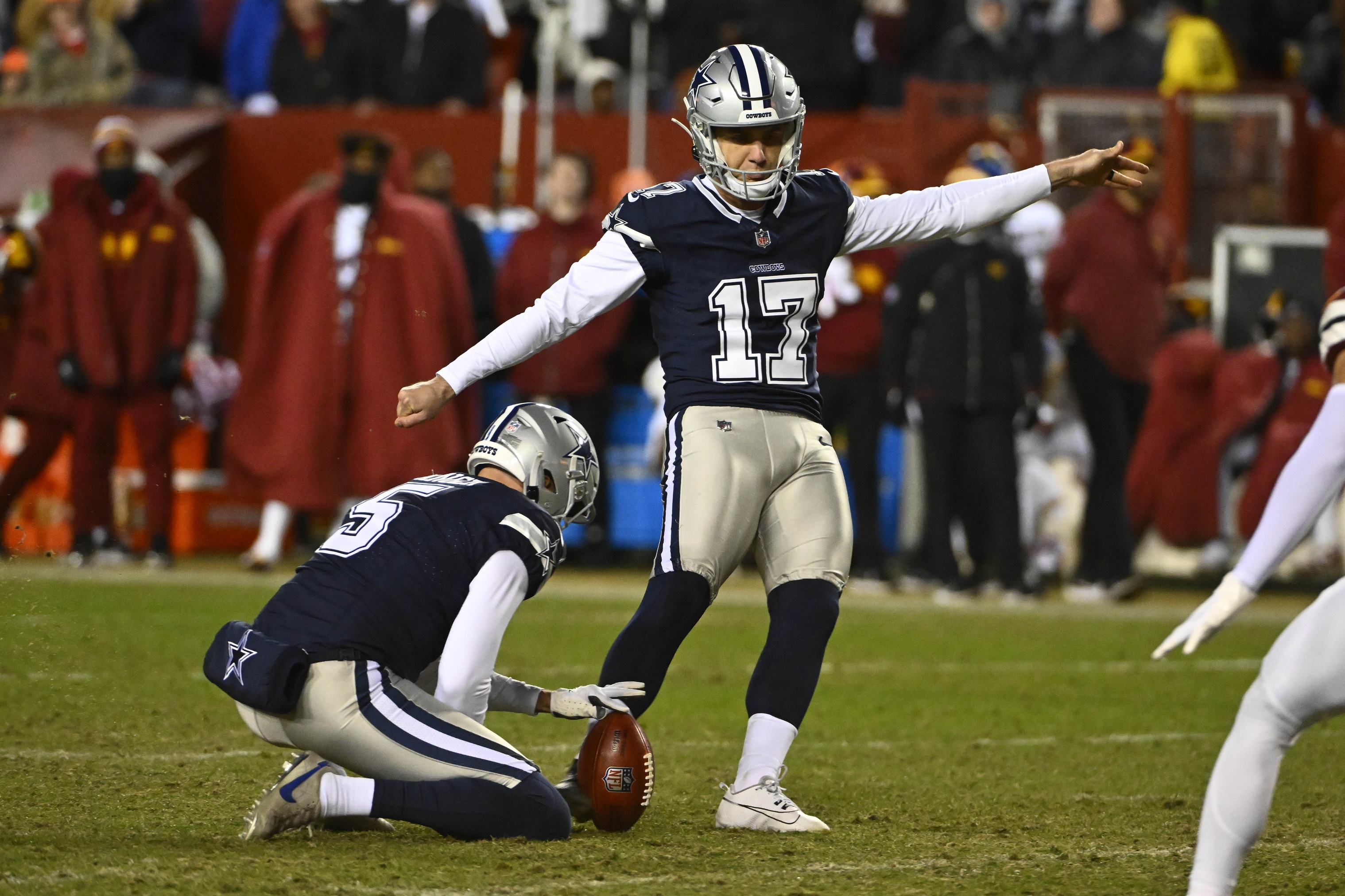 Jan 7, 2024; Landover, Maryland, USA; Dallas Cowboys place kicker Brandon Aubrey (17) attempts a field goal against the Washington Commanders during the second half at FedExField.