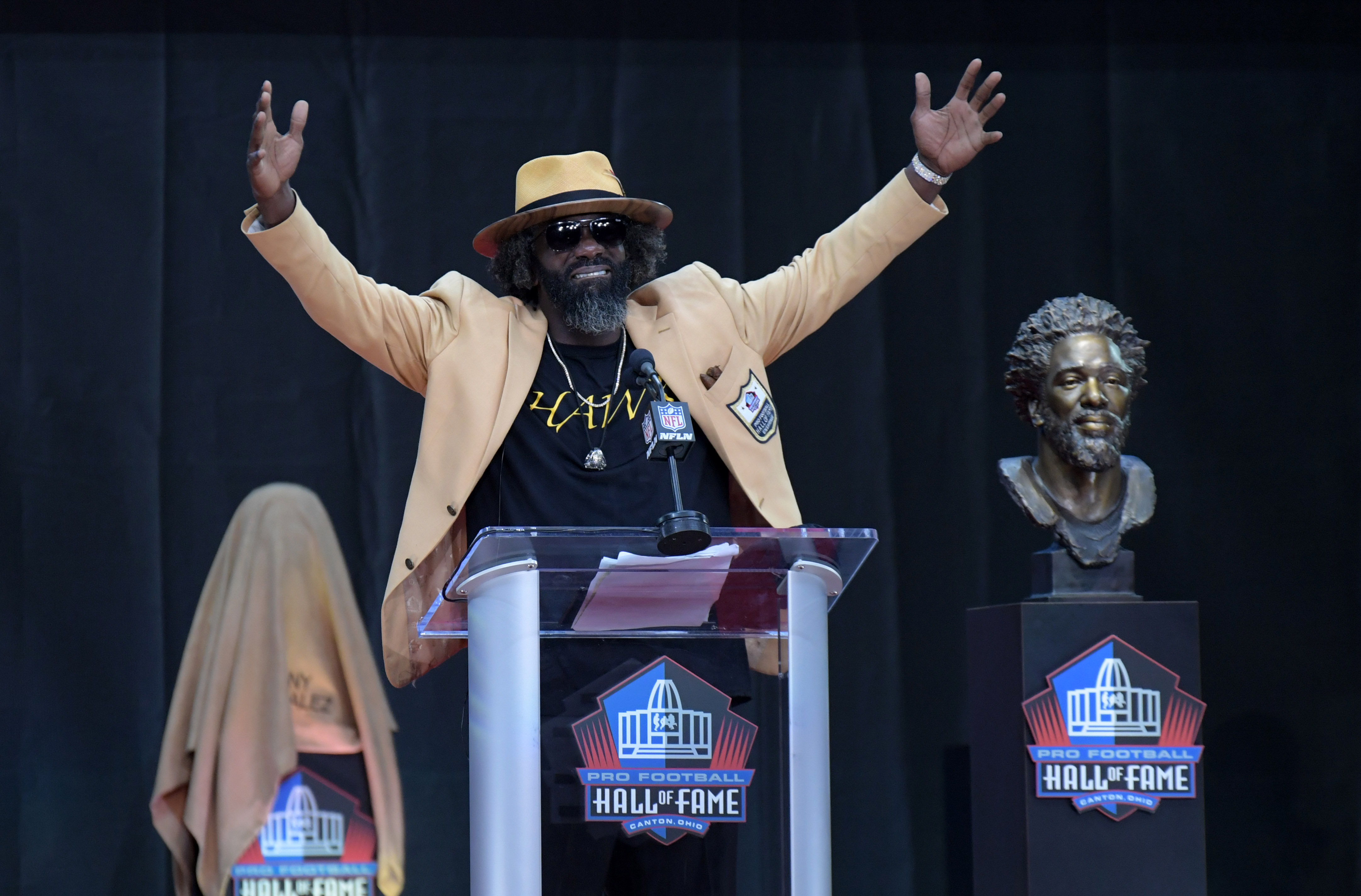 Aug 3, 2019; Canton, OH, USA; Ed Reed speaks during the Pro Football Hall of Fame Enshrinement at Tom Benson Hall of Fame Stadium. Mandatory Credit: Kirby Lee-USA TODAY Sports