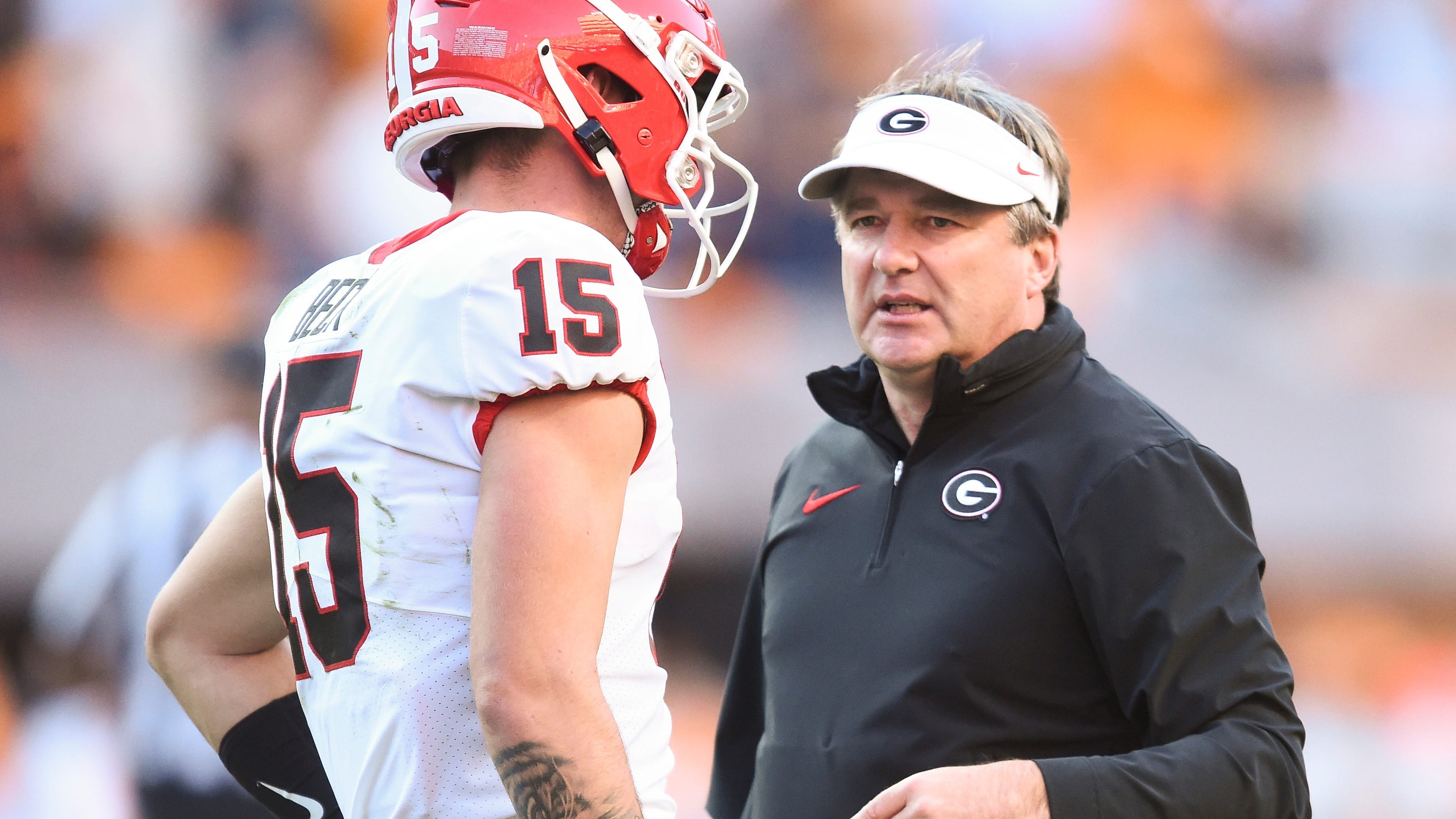 Georgia Bulldogs coach Kirby Smart and quarterback Carson Beck