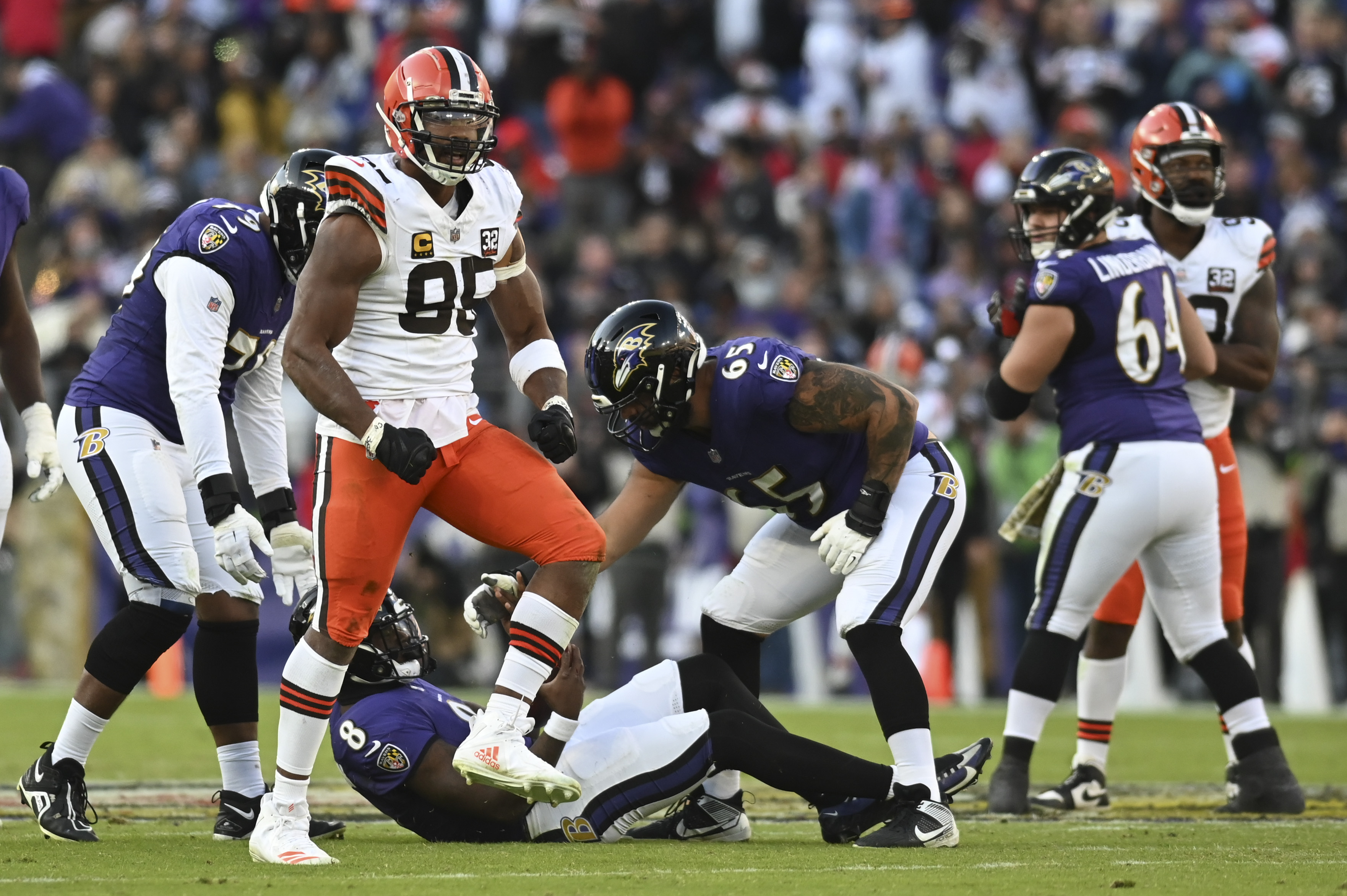 Nov 12, 2023; Baltimore, Maryland, USA; Cleveland Browns defensive end Myles Garrett (95) reacts after sacking Baltimore Ravens quarterback Lamar Jackson (8) in the second half at M&T Bank Stadium. 