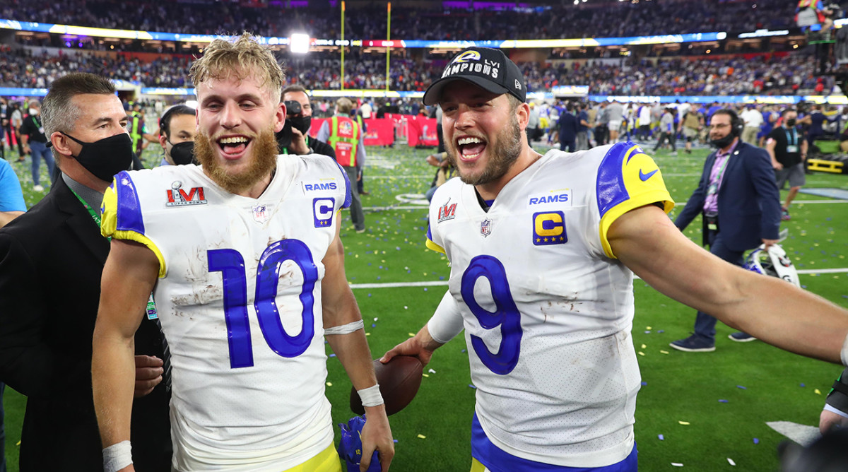Los Angeles Rams wide receiver Cooper Kupp (10) and quarterback Matthew Stafford (9) celebrate after defeating the Cincinnati Bengals in Super Bowl LVI at SoFi Stadium.