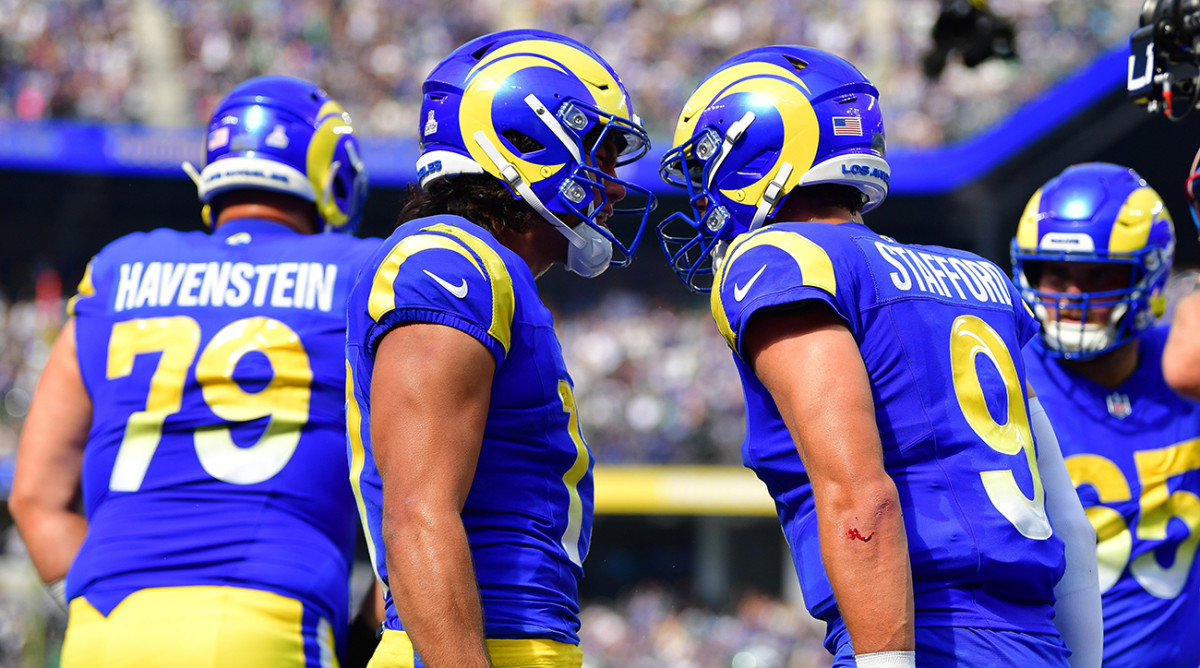 Los Angeles Rams wide receiver Puka Nacua (17) celebrates his touchdown scored against the Philadelphia Eagles with quarterback Matthew Stafford (9) during the first half at SoFi Stadium.