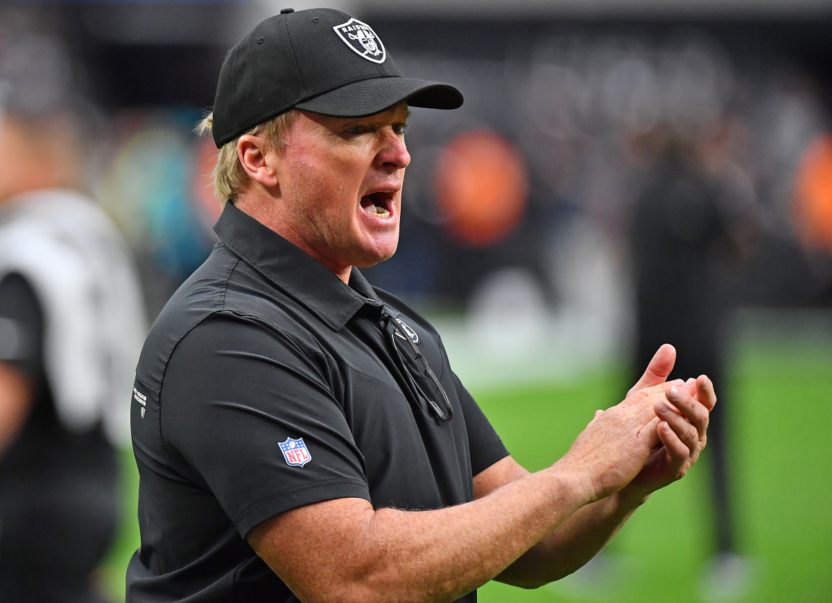 Las Vegas Raiders head coach Jon Gruden is pictured before the start of a game against the Chicago Bears