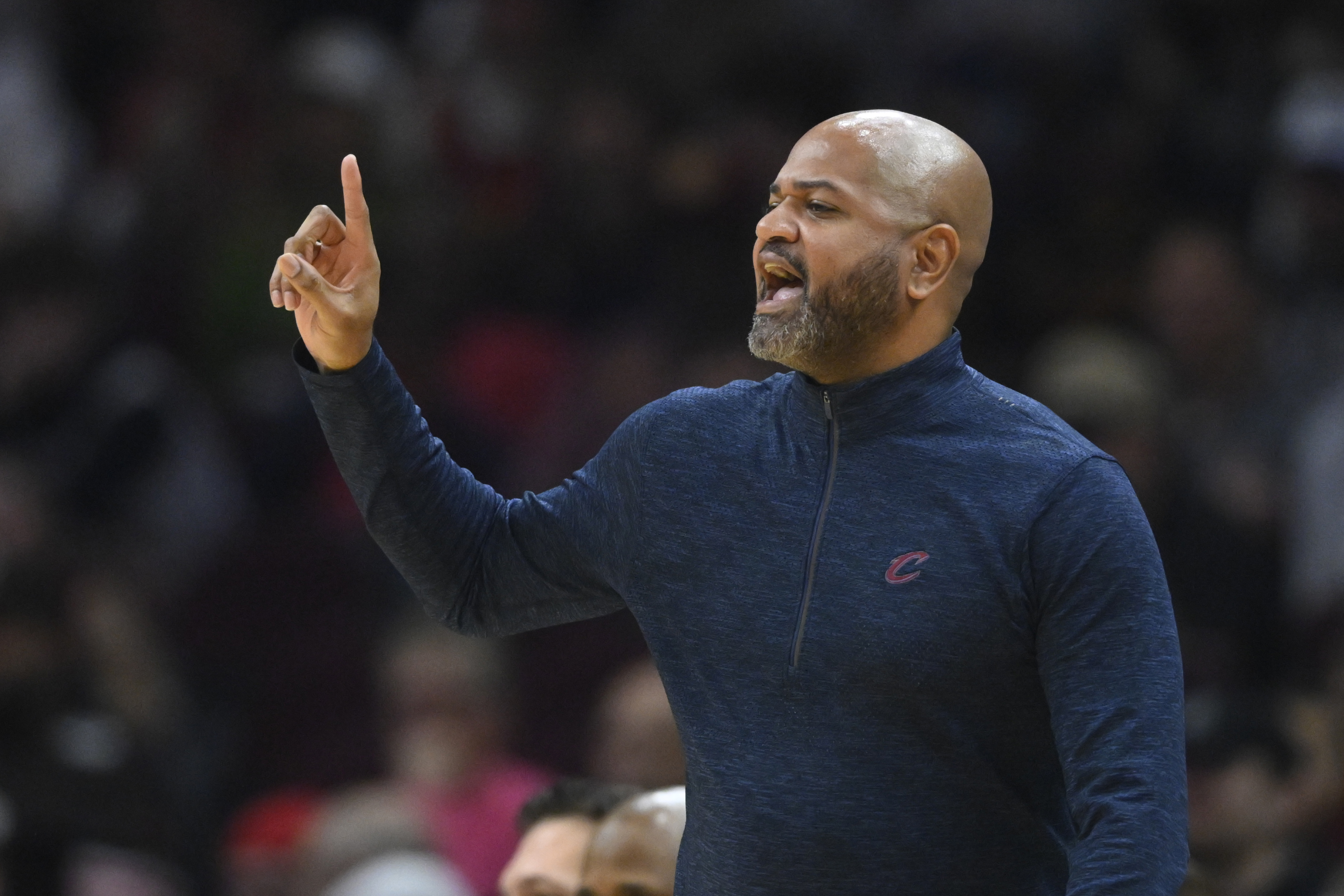 Jan 7, 2024; Cleveland, Ohio, USA; Cleveland Cavaliers head coach J. B. Bickerstaff reacts in the second quarter against the San Antonio Spurs at Rocket Mortgage FieldHouse.