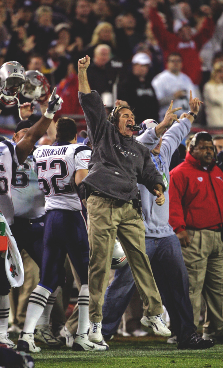 Bill Belichick jumps in celebration on the sidelines as the Patriots clinch Super Bowl XXXIX against Philadelphia.