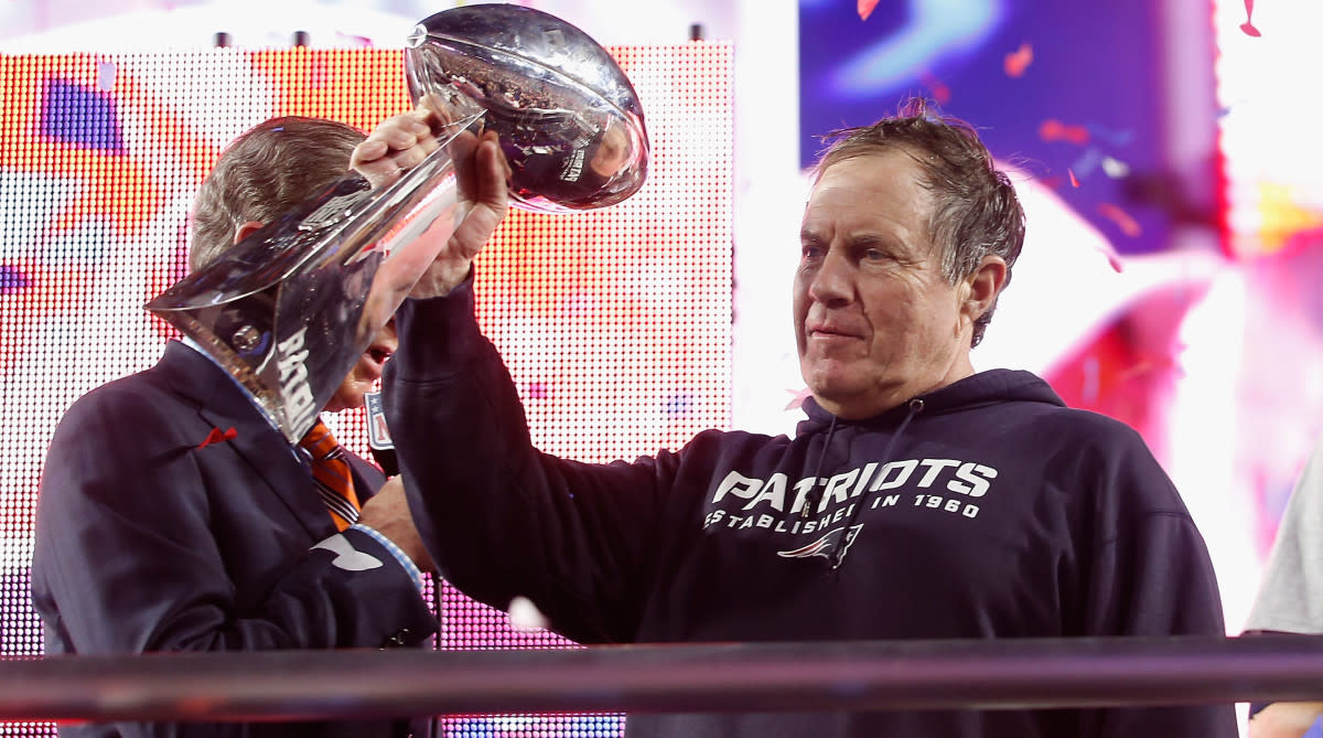 New England Patriots coach Bill Belichick celebrates a Super Bowl victory.
