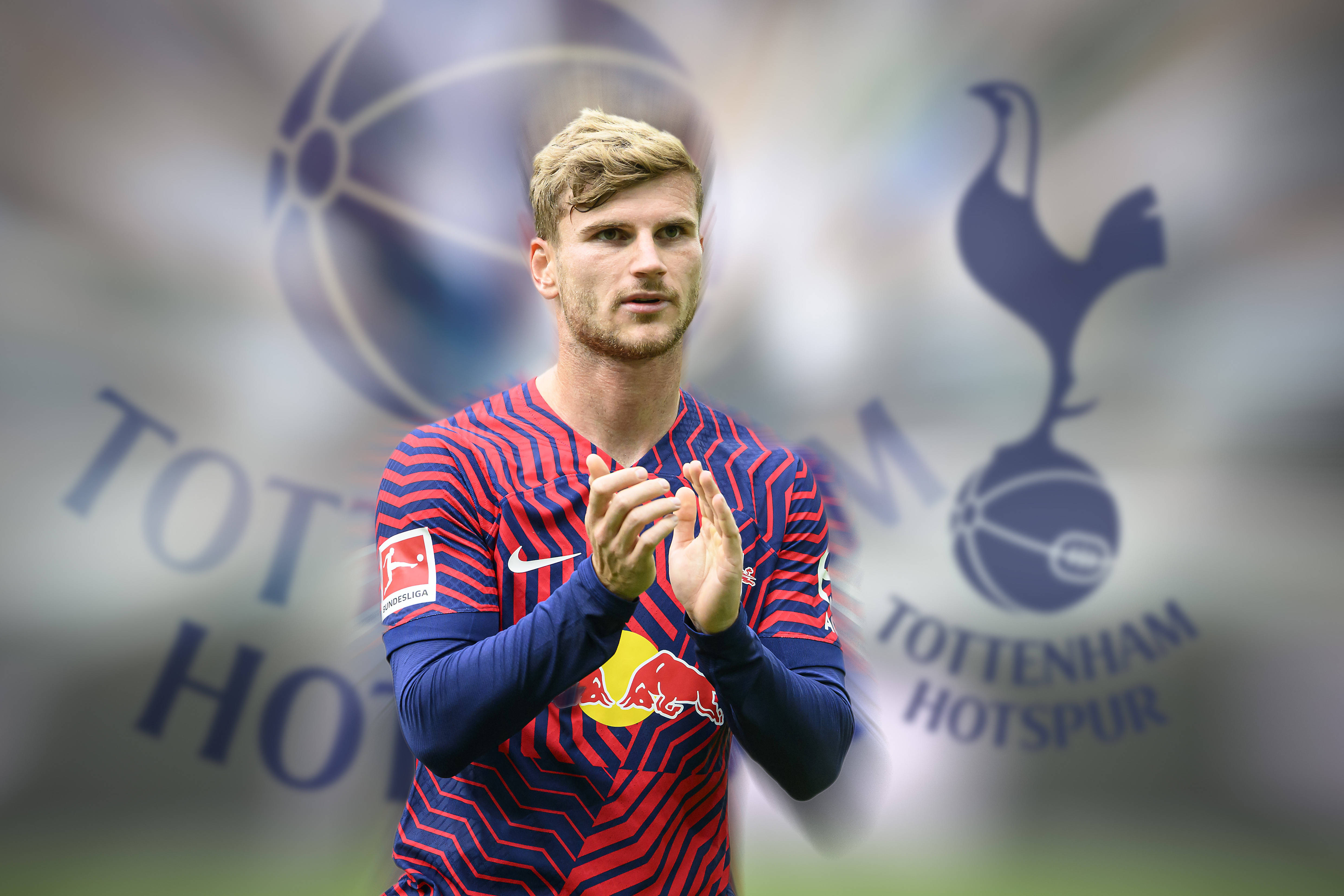 A composite image showing Timo Werner dressed in an RB Leipzig jersey in front of a giant Tottenham Hotspur logo