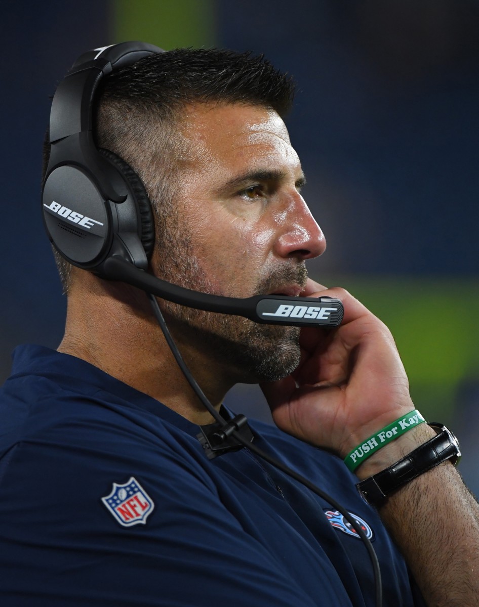 Aug 18, 2018; Nashville, TN, USA; Tennessee Titans head coach Mike Vrabel looks on from the sidelines during the second half against the Tampa Bay Buccaneers at Nissan Stadium. 