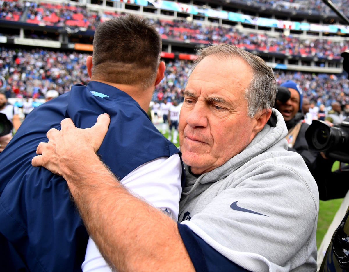 Nov 11, 2018; Nashville, TN, USA; New England Patriots head coach Bill Belichick and Tennessee Titans head coach Mike Vrabel meet after a Titans win at Nissan Stadium.