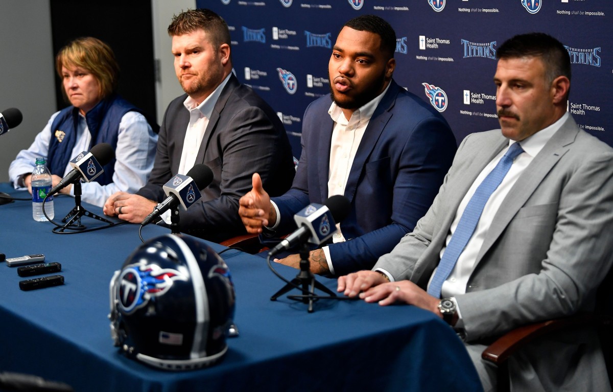 Titans hold a press conference for first round NFL draft pick Jeffery Simmons with owner Amy Adams Strunk (lt), general manager Jon Robinson, Simmons and head coach Mike Vrabel at Saint Thomas Sports Park Friday, April 26, 2019.