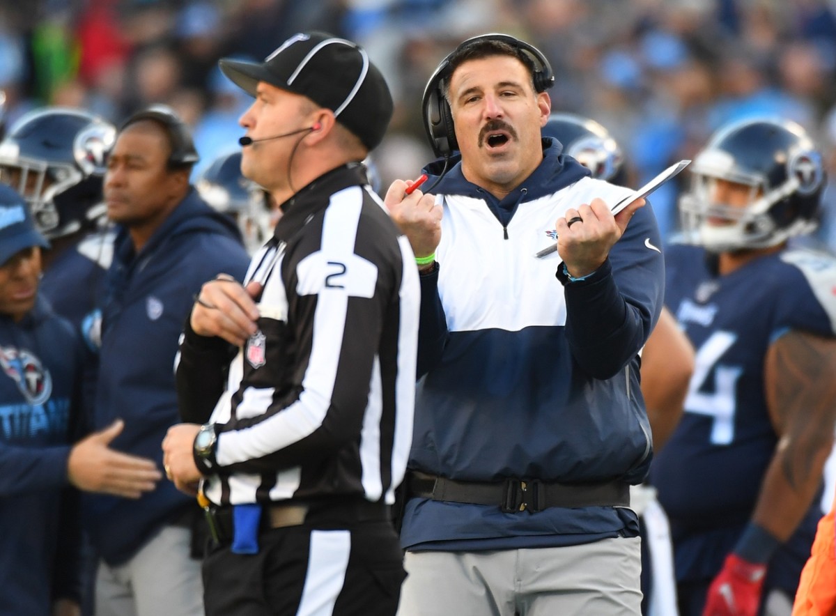 Nov 24, 2019; Nashville, TN, USA; Tennessee Titans head coach Mike Vrabel reacts during the first half against the Jacksonville Jaguars at Nissan Stadium. 