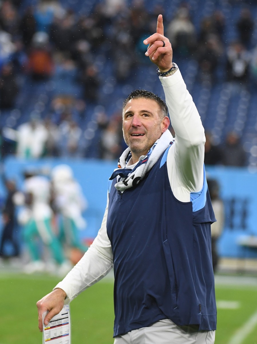 Jan 2, 2022; Nashville, Tennessee, USA; Tennessee Titans head coach Mike Vrabel celebrates as he leaves the field following a win against the Miami Dolphins at Nissan Stadium.