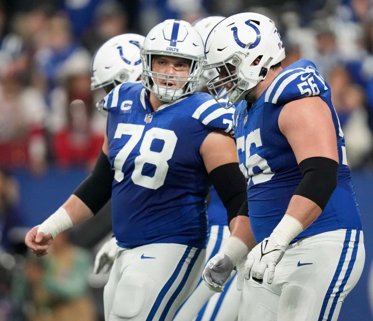 Indianapolis Colts center Ryan Kelly (78) talks with Indianapolis Colts guard Quenton Nelson (56) on Saturday, Jan. 6, 2024, during a game against the Houston Texans at Lucas Oil Stadium in Indianapolis.  