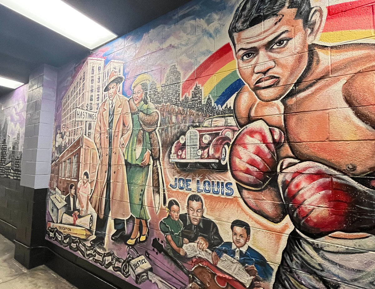 A mural of Joe Louis and other Detroit icons at the Eastern Market.