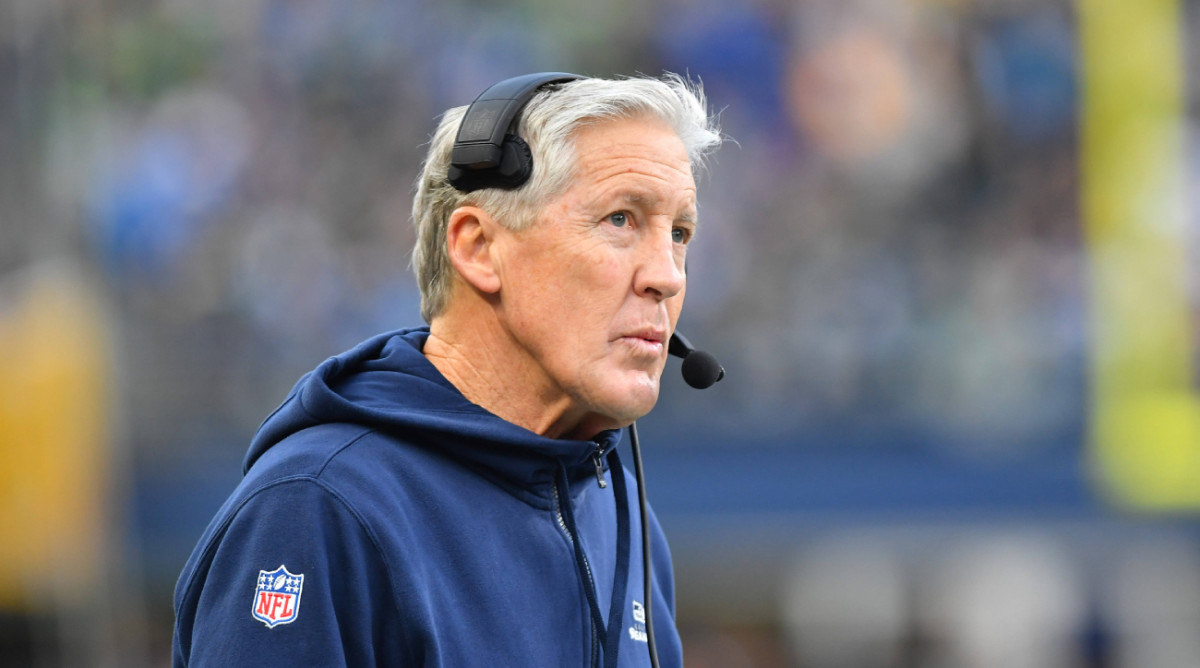 Seattle Seahawks coach Pete Carroll looks on during a game.