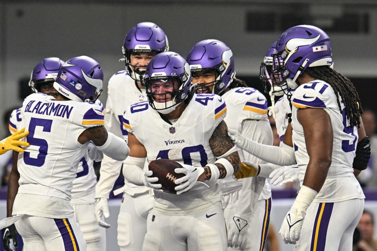 Dec 24, 2023; Minneapolis, Minnesota, USA; Minnesota Vikings linebacker Ivan Pace Jr. (40) and cornerback Mekhi Blackmon (5) react with teammates after a fumble recovery against the Detroit Lions during the game at U.S. Bank Stadium.