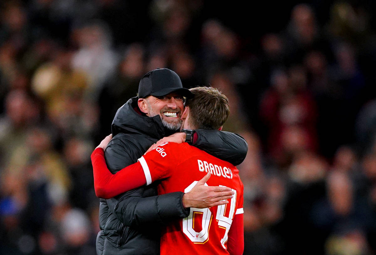 Liverpool manager Jurgen Klopp pictured hugging right-back Conor Bradley after a 2-1 win over Fulham in January 2024