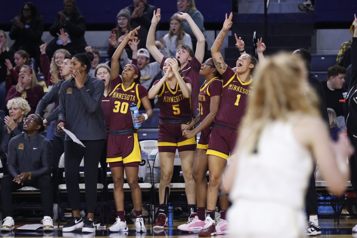 The Minnesota bench celebrates as the Gophers dominated the fourth quarter in Michigan.