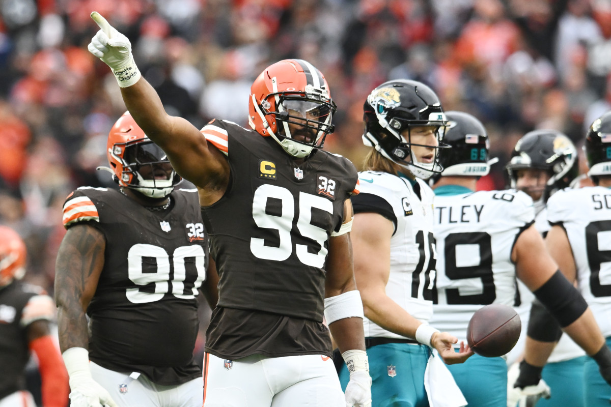 Dec 10, 2023; Cleveland, Ohio, USA; Cleveland Browns defensive end Myles Garrett (95) celebrates after the Jacksonville Jaguars were called for a penalty during the first quarter at Cleveland Browns Stadium.