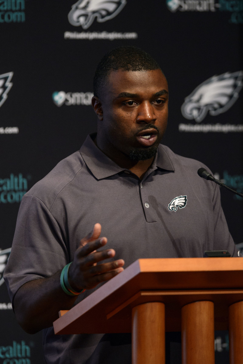Jul 29, 2013; Philadelphia, PA, USA; Former Philadelphia Eagles running back Brian Westbrook address the media at a press conference at the Eagles NovaCare Complex. Mandatory Credit: Howard Smith-USA TODAY Sports