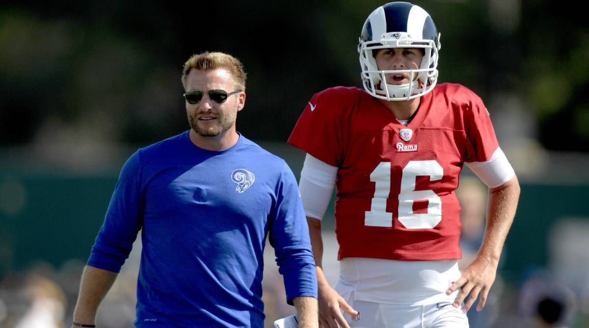 Rams head coach Sean McVay and quarterback Jared Goff look on during a practice.
