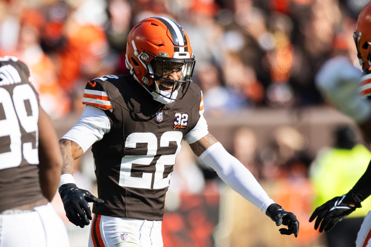 Nov 5, 2023; Cleveland, Ohio, USA; Cleveland Browns safety Grant Delpit (22) celebrates a third down stop against the Arizona Cardinals during the first quarter at Cleveland Browns Stadium.