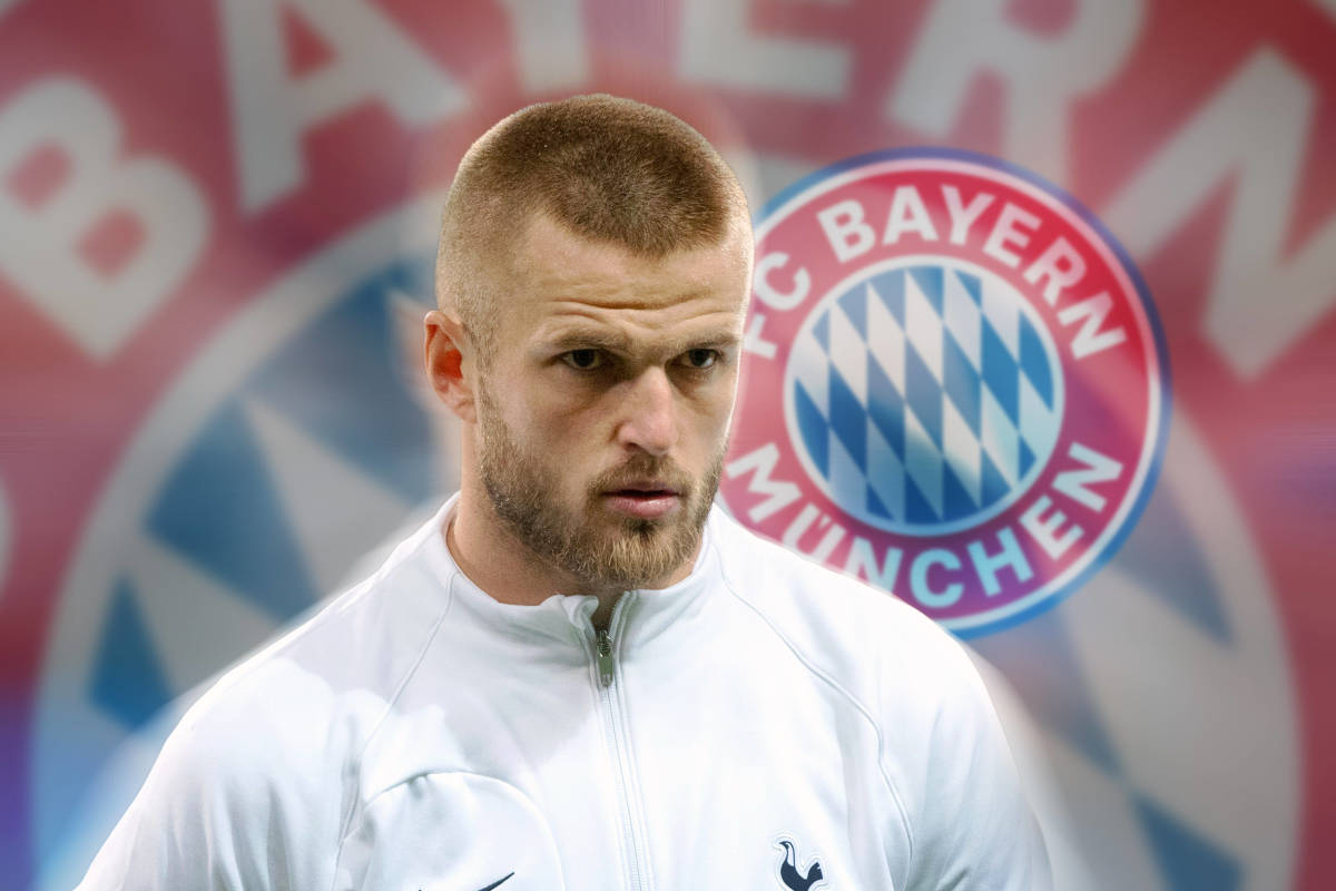 A composite image showing Eric Dier wearing a Tottenham jacket in front of a Bayern Munich logo