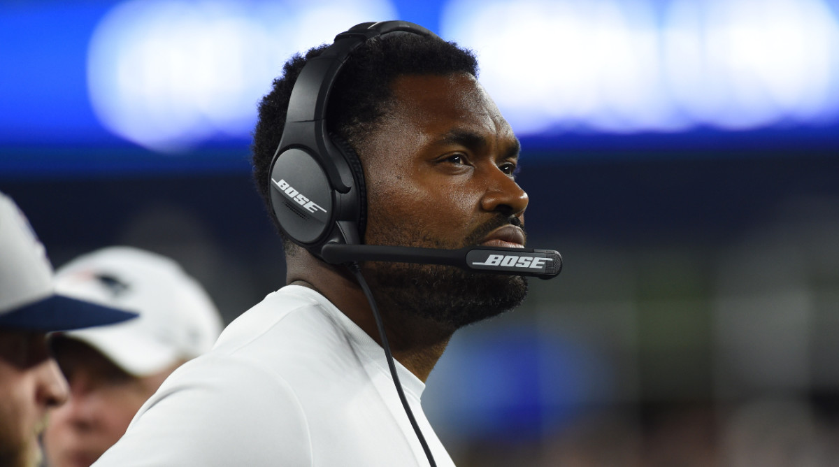 Aug 29, 2019; Foxborough, MA, USA; New England Patriots linebackers coach Jerod Mayo watches the action during the second half against the New York Giants at Gillette Stadium.
