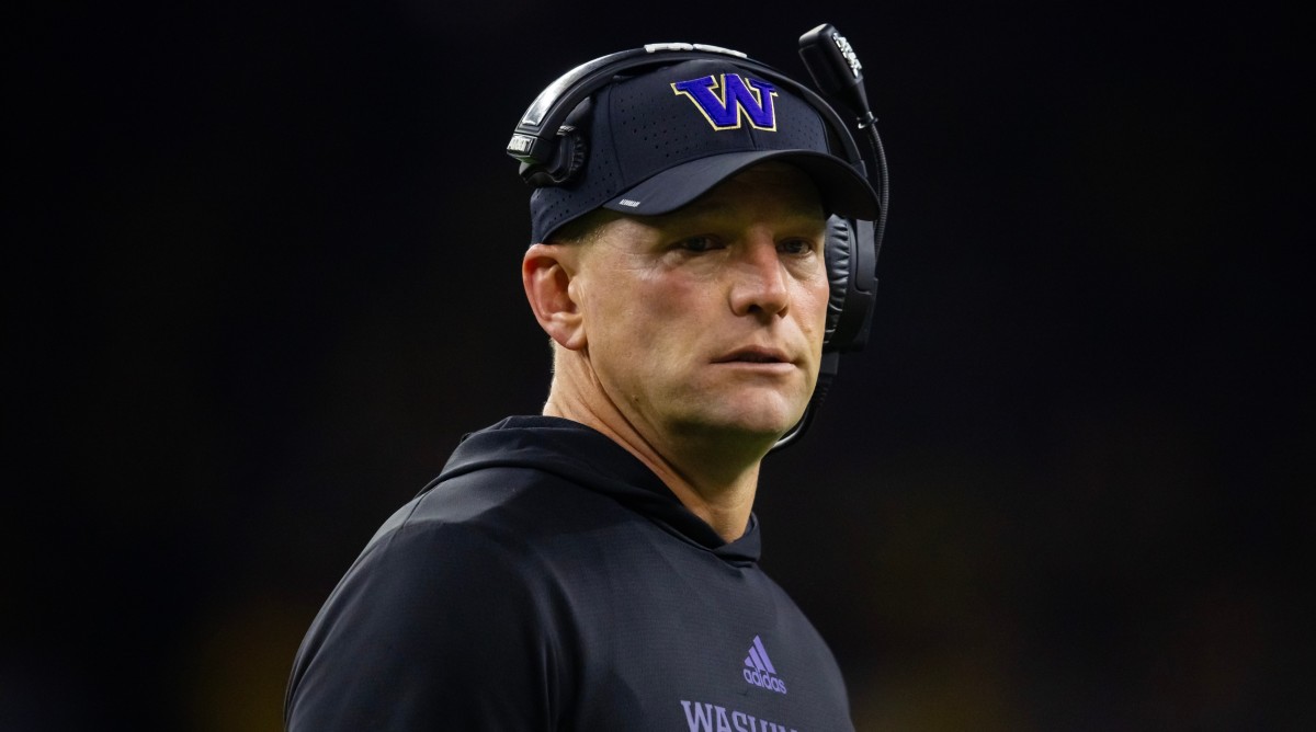 Washington Huskies head football coach Kalen DeBoer looks on during the national championship game against Michigan.