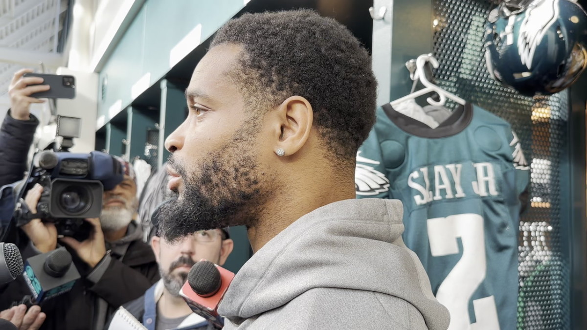 Darius Slay talks to reporters on Thursday about his return to the field for Monday night's playoff game.
