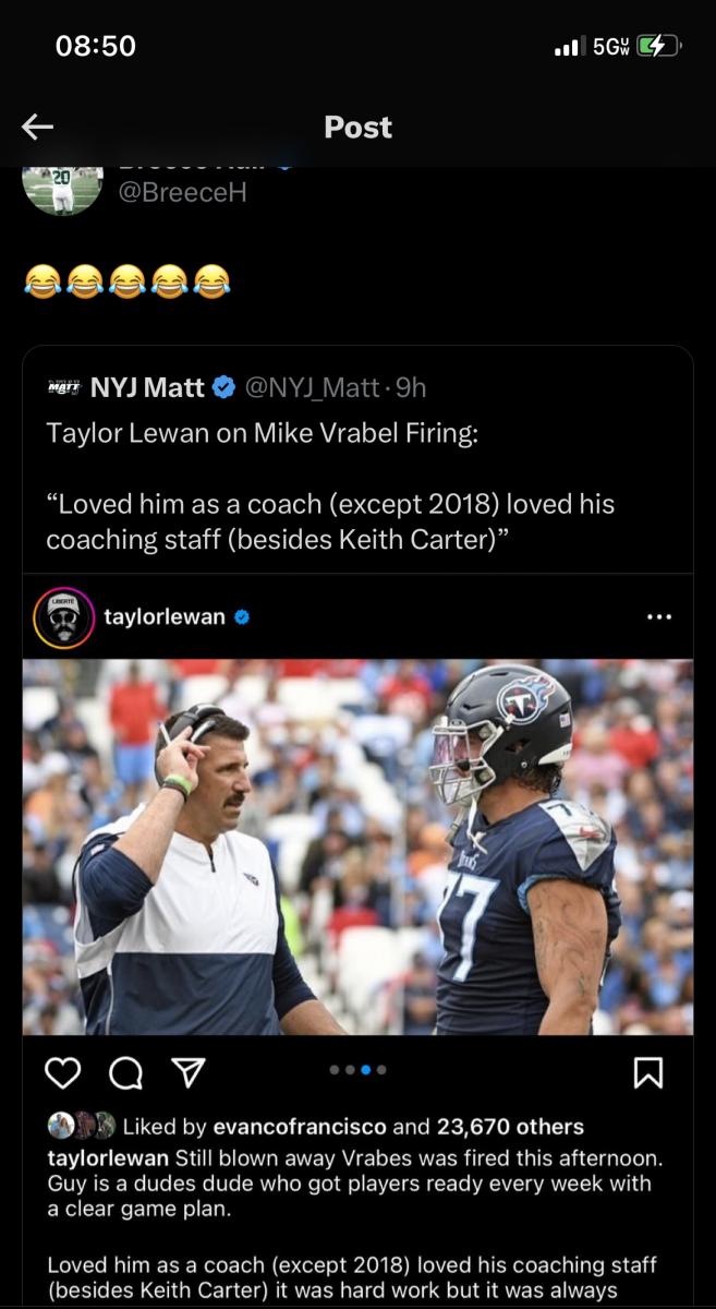 Jets' RB Breece Hall shares a post from former Titans' OT Taylor Lewan