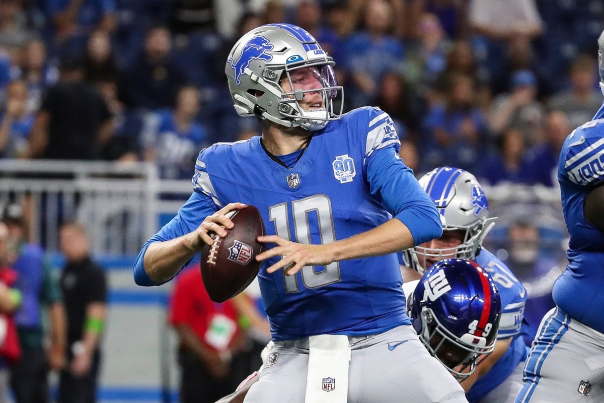 Detroit Lions quarterback Nate Sudfeld (10) makes a pass against New York Giants during the first half of a preseason game at Ford Field in Detroit on Friday, Aug. 11, 2023.