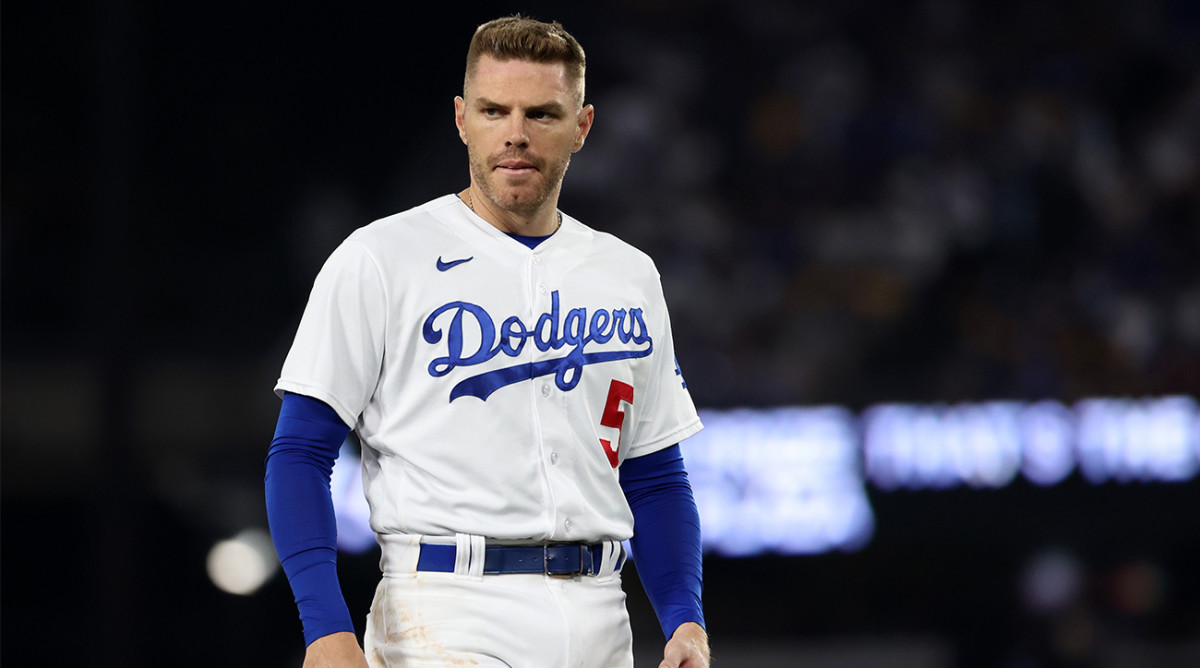 Dodgers’ Freddie Freeman walks to the dugout disappointed after an at-bat vs. the Diamondbacks in the 2023 NLDS.