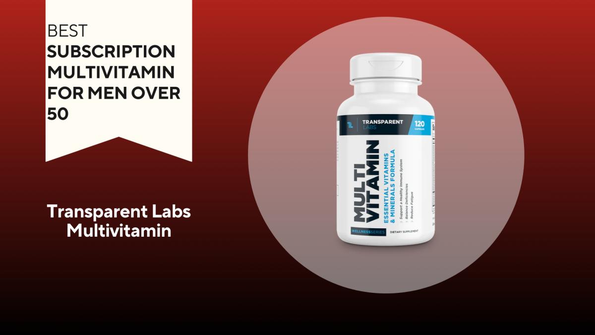 A bottle of the Transparent Labs Multivitamin against a red background.