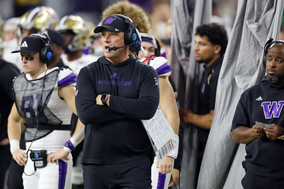 Jan 8, 2024; Houston, TX, USA; Washington Huskies head coach Kalen DeBoer looks on against the Michigan Wolverines during the second quarter in the 2024 College Football Playoff national championship game at NRG Stadium. Mandatory Credit: Thomas Shea-USA TODAY Sports