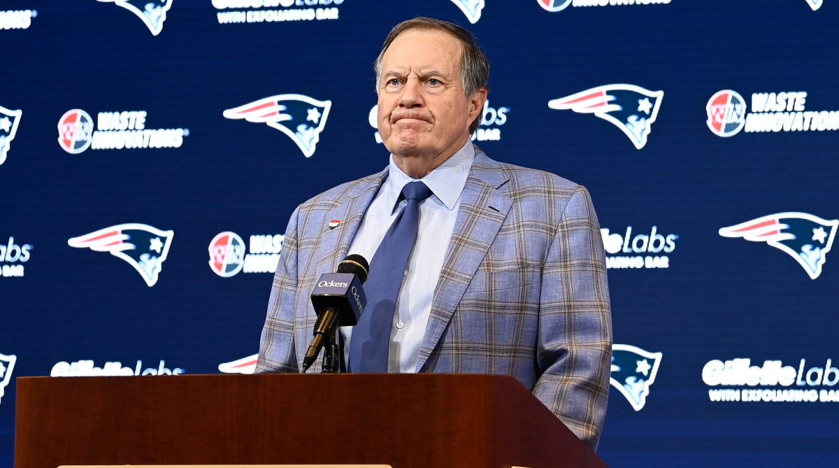New England Patriots former head coach Bill Belichick holds a press conference at Gillette Stadium to announce his exit from the team.