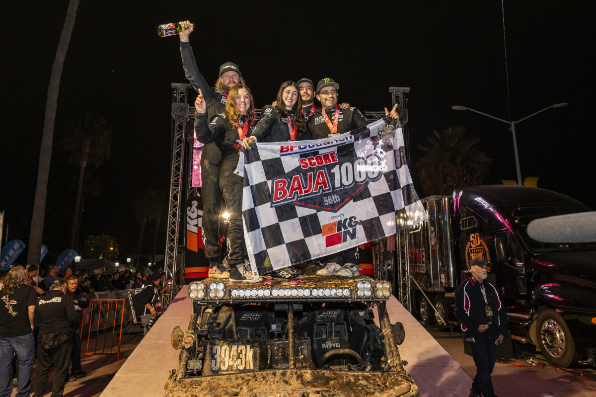 Lia and Lucy Block, along with Terry Madden, Rodrigo Ampudia, and JC Guevara of Block House Racing, celebrate the team's inspiring victory two months ago in the Baja 1000. Photo courtesy Block House Racing.