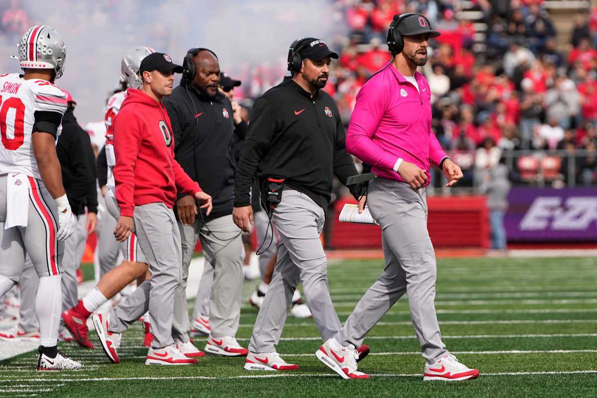 Nov 4, 2023; Piscataway, New Jersey, USA; Ohio State Buckeyes graduate assistant James Laurinaitis walks onto the field at a timeout during the NCAA football game against the Rutgers Scarlet Knights at SHI Stadium. Ohio State won 35-16.