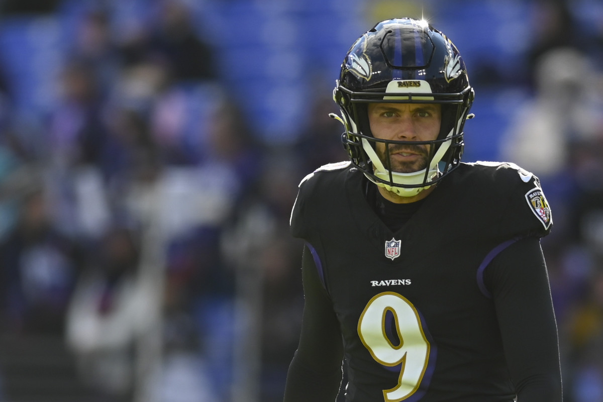 Dec 31, 2023; Baltimore, Maryland, USA; Baltimore Ravens place kicker Justin Tucker (9) on the field before the game against the Miami Dolphins at M&T Bank Stadium. Mandatory Credit: Tommy Gilligan-USA TODAY Sports