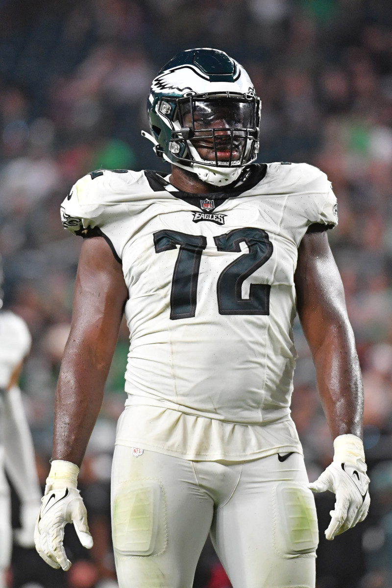 Aug 17, 2023; Philadelphia, Pennsylvania, USA; Philadelphia Eagles defensive tackle Moro Ojomo (72) against the Cleveland Browns during the second quarter at Lincoln Financial Field. Mandatory Credit: Eric Hartline-USA TODAY Sports