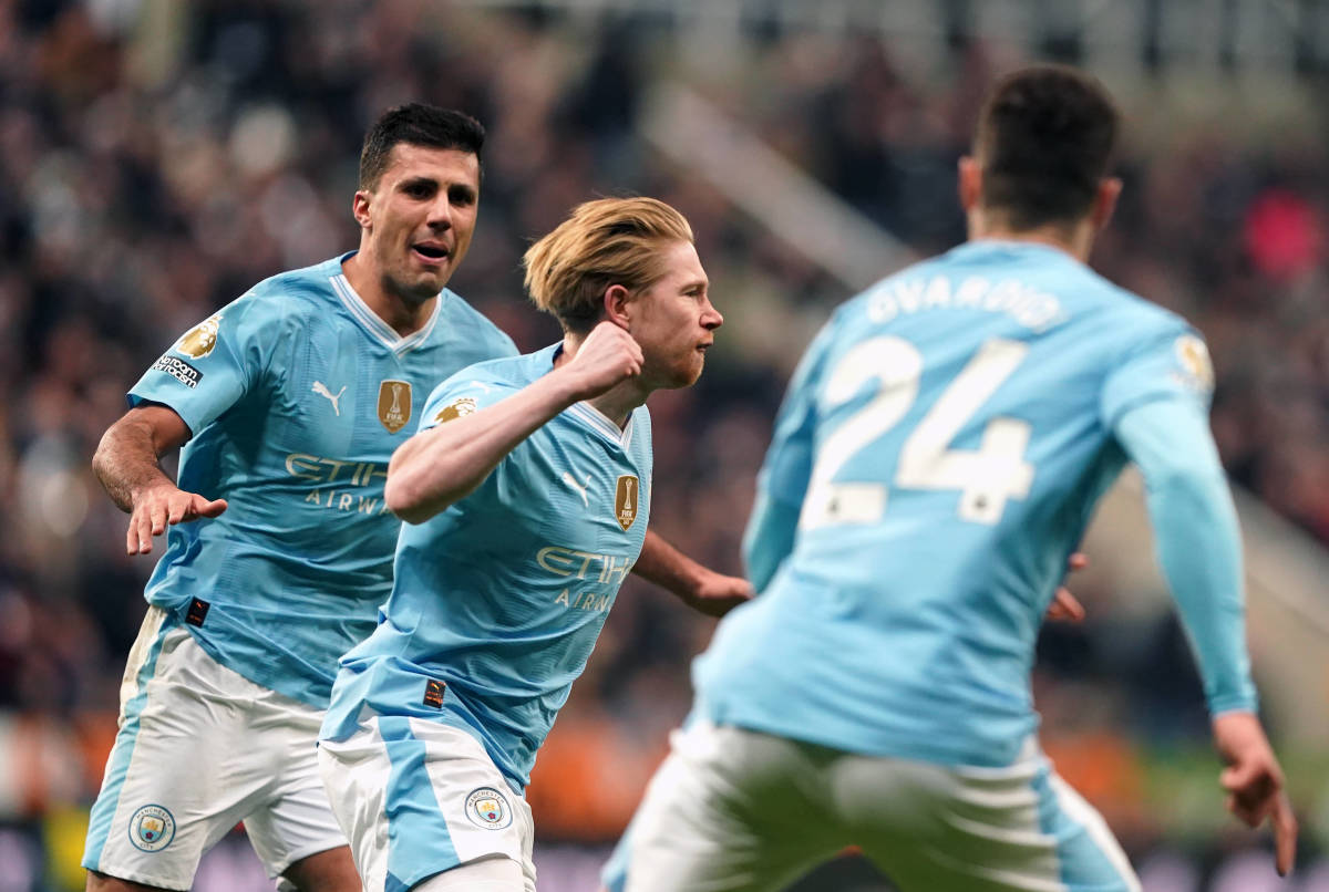 Kevin De Bruyne pictured (center) celebrating after scoring for Manchester City in a 3-2 win at Newcastle in January 2024