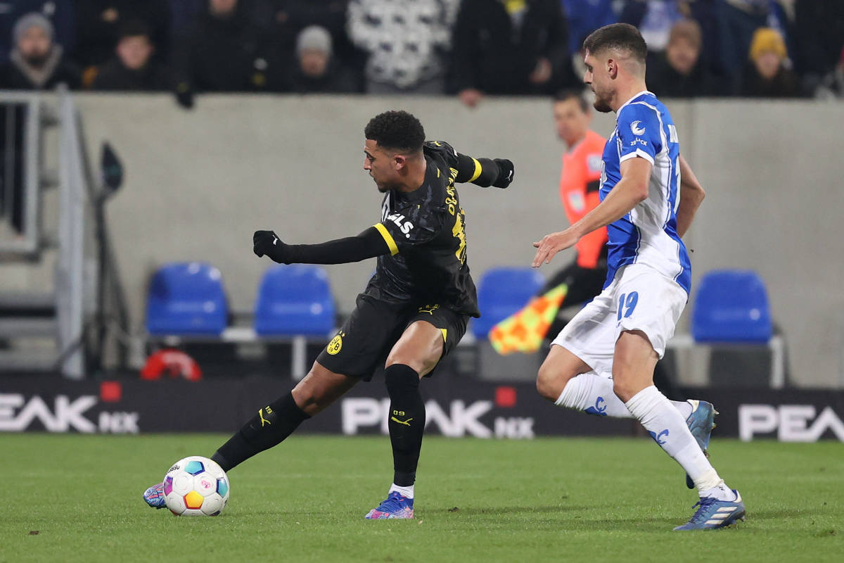 Jadon Sancho pictured (left) in action for Borussia Dortmund during a 3-0 win over Darmstadt in the German Bundesliga in January 2024