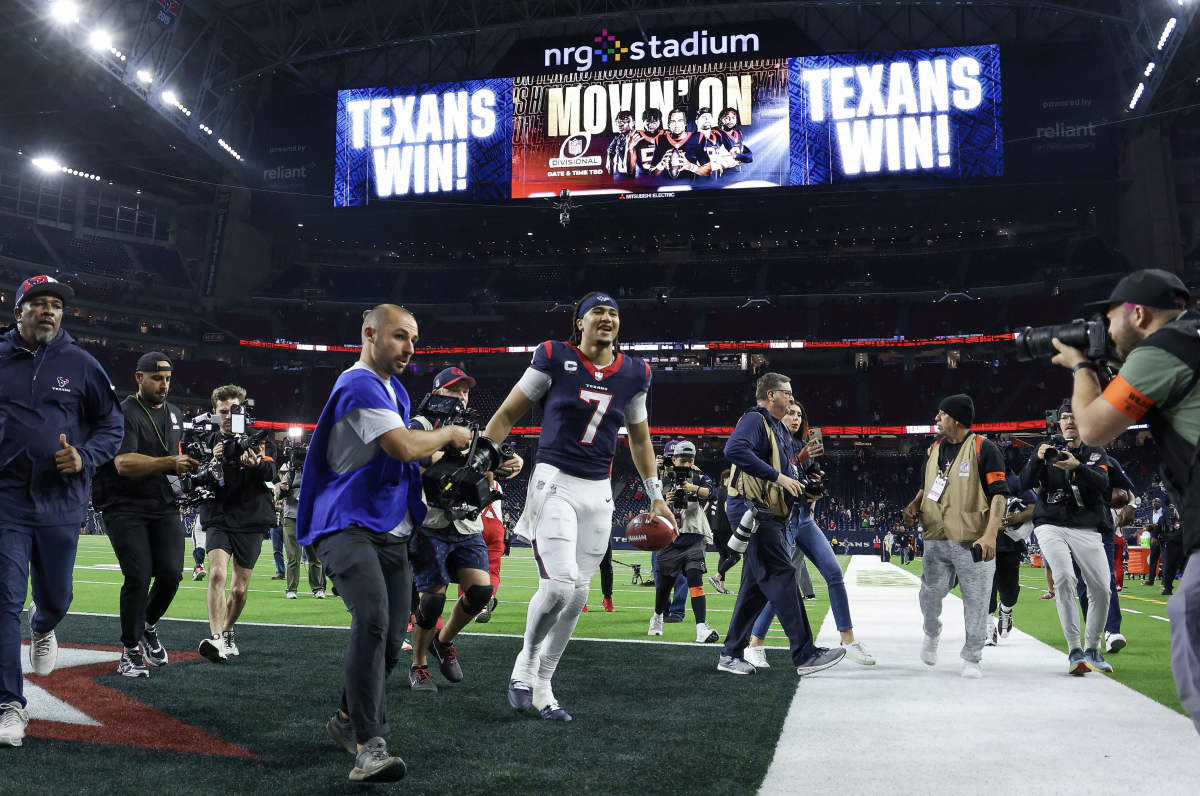 Houston Texans quarterback C.J. Stroud (7) jogs off the field after a 2024 AFC wild card game against the Cleveland Browns at NRG Stadium.