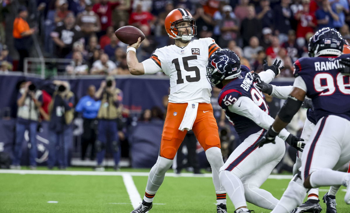 Jan 13, 2024; Houston, Texas, USA; Cleveland Browns quarterback Joe Flacco (15) throws the ball during the second quarter in a 2024 AFC wild card game at NRG Stadium.