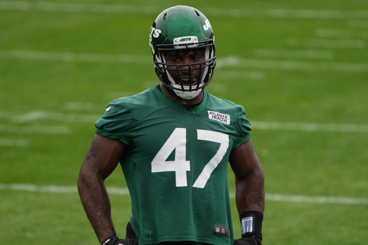 Oct 8, 2021; Ware, England, United Kingdom; New York Jets defensive end Bryce Huff (47) during a practice at the Manor Marriott Hotel and Country Club.