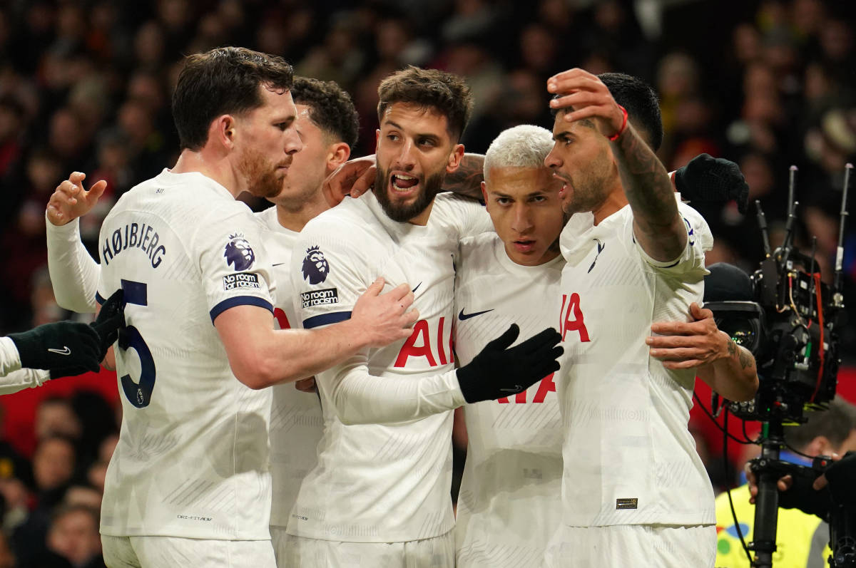 Tottenham's players pictured celebrating a goal during a Premier League away game at Manchester United in January 2024