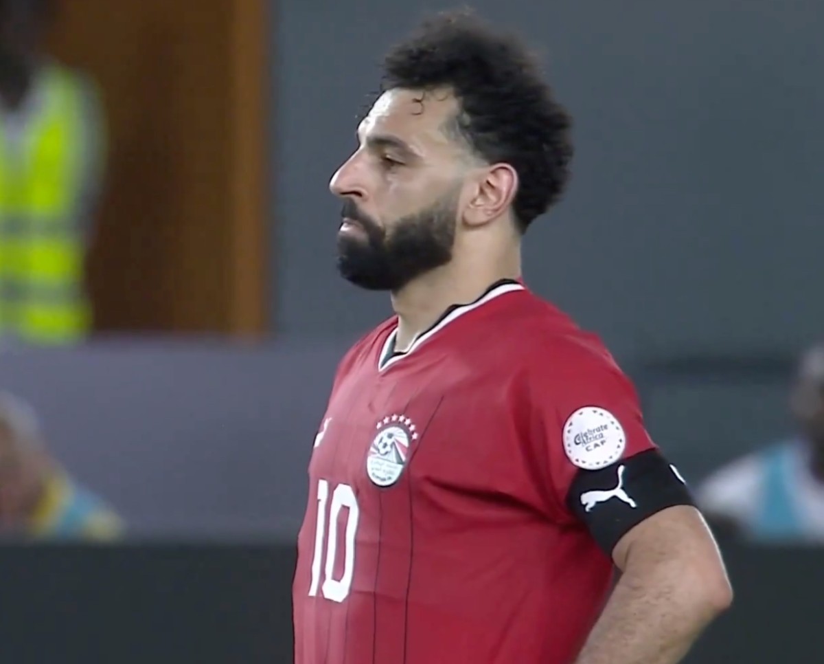 Mo Salah pictured taking a deep breath before converting a 97th-minute penalty kick for Egypt in a 2-2 draw against Mozambique in January 2024
